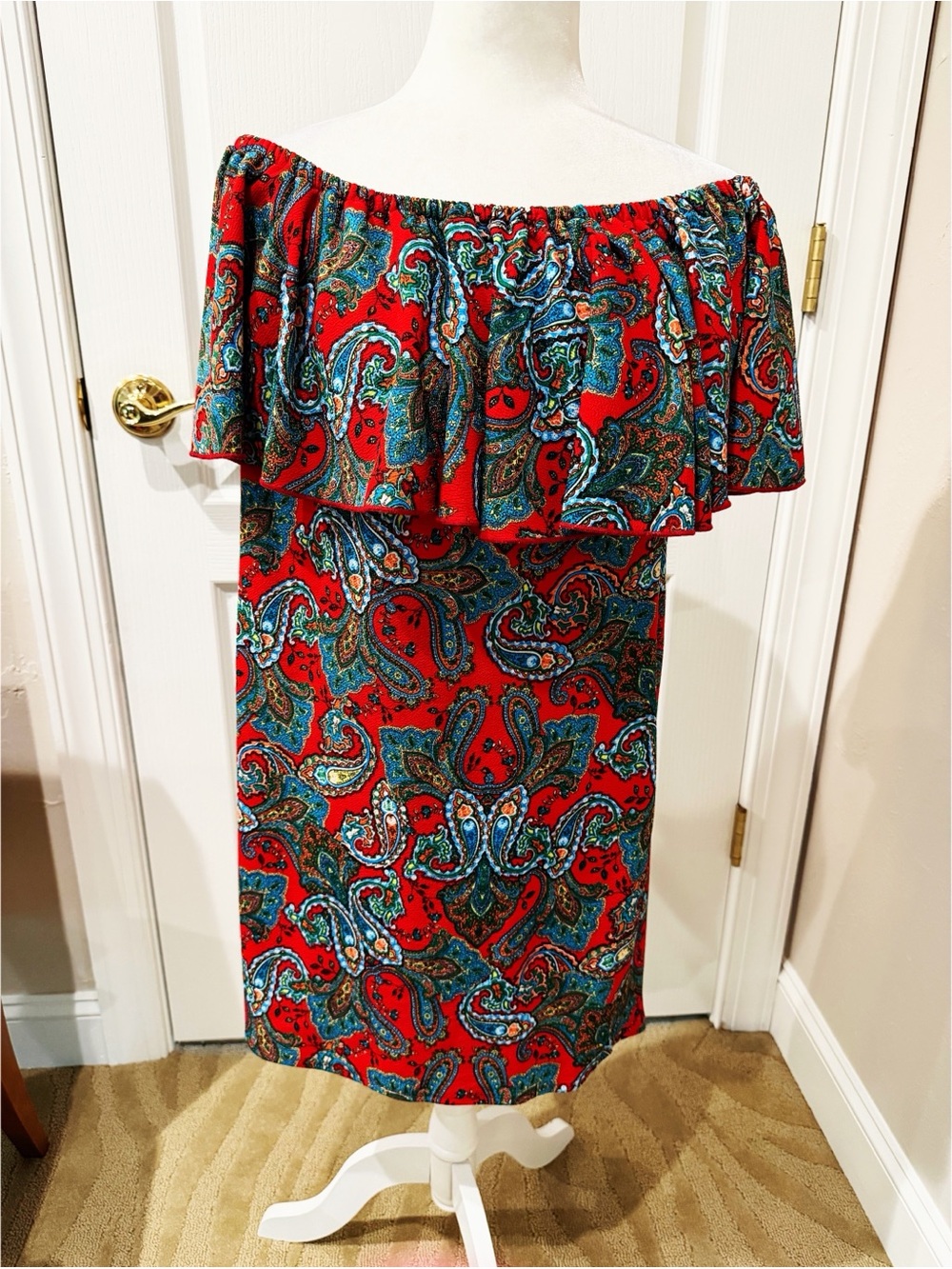 Lula Roe Off-Shoulder Red Paisley Women's Dress